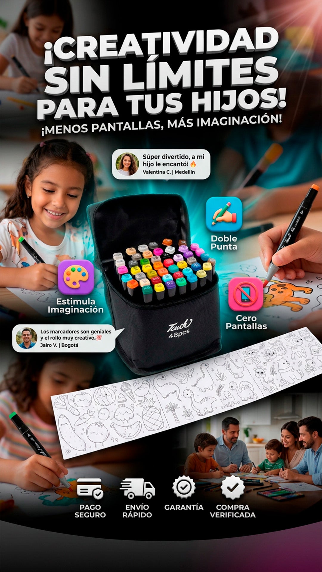Combo marcadores x 24 + 2 rollos de dibujar