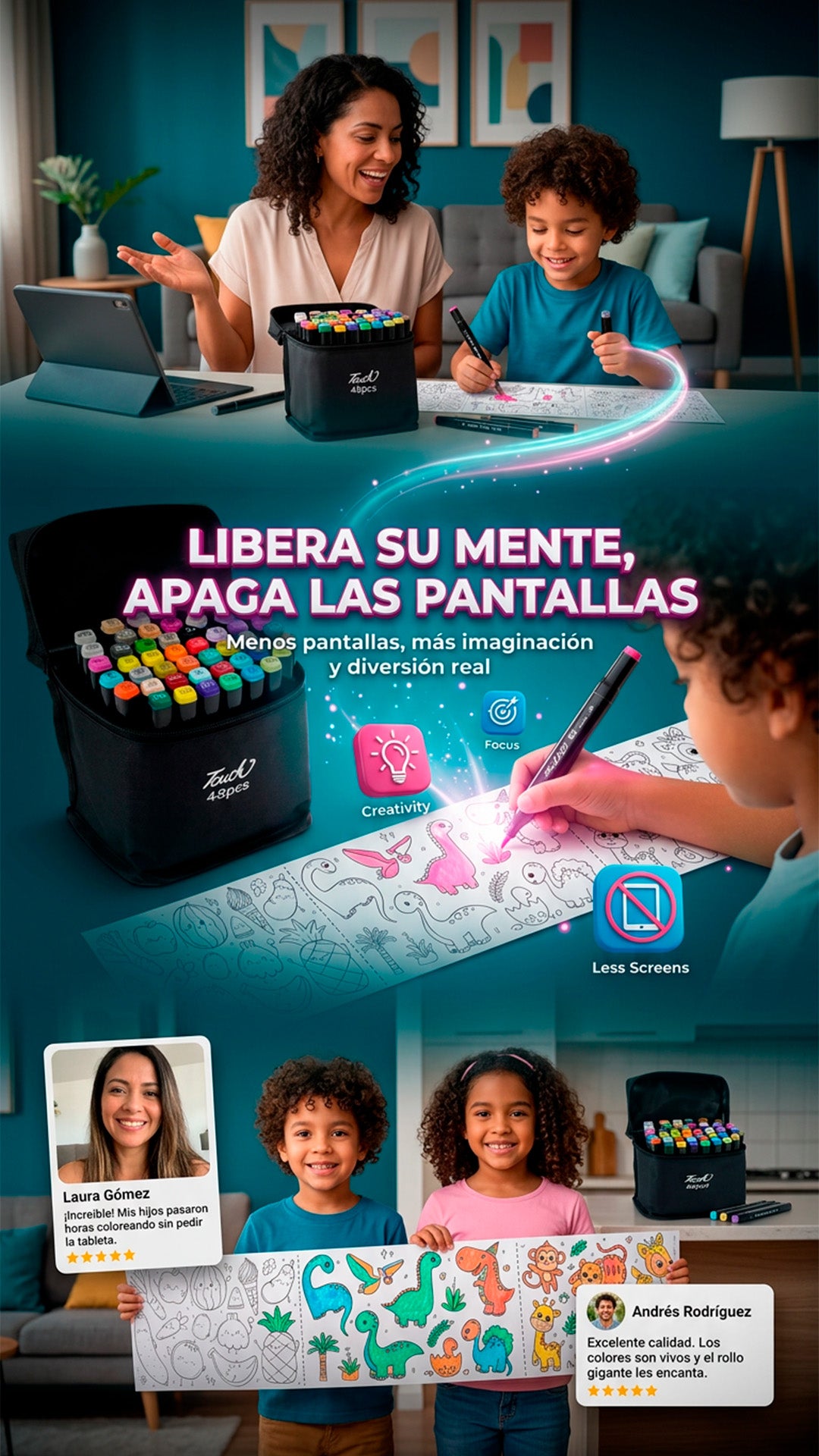 Combo marcadores x 24 + 2 rollos de dibujar